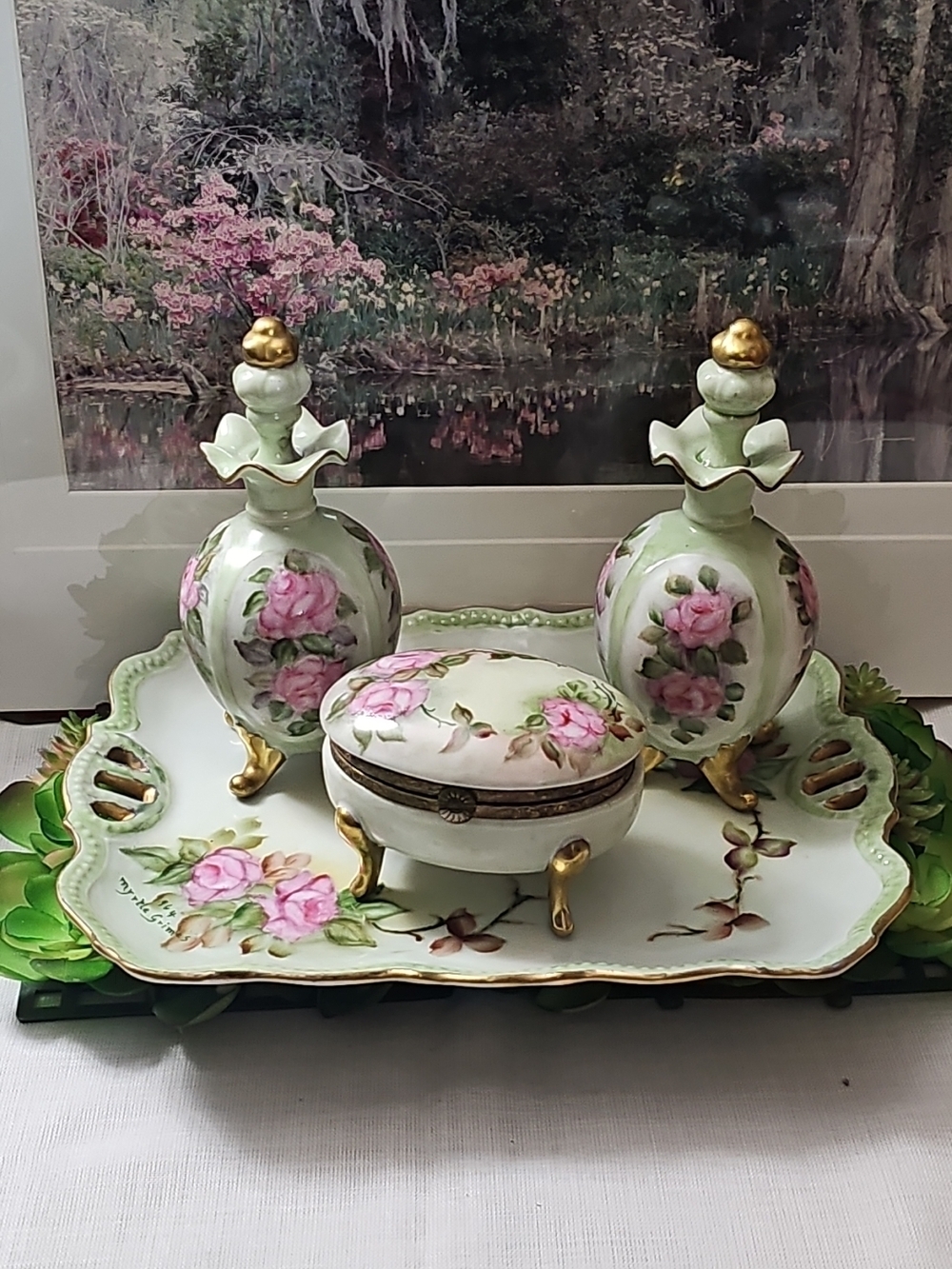 Vtg 1963 Green Floral Porcelain Vanity Set Perfume Bottles, Tray, Trinket Dish